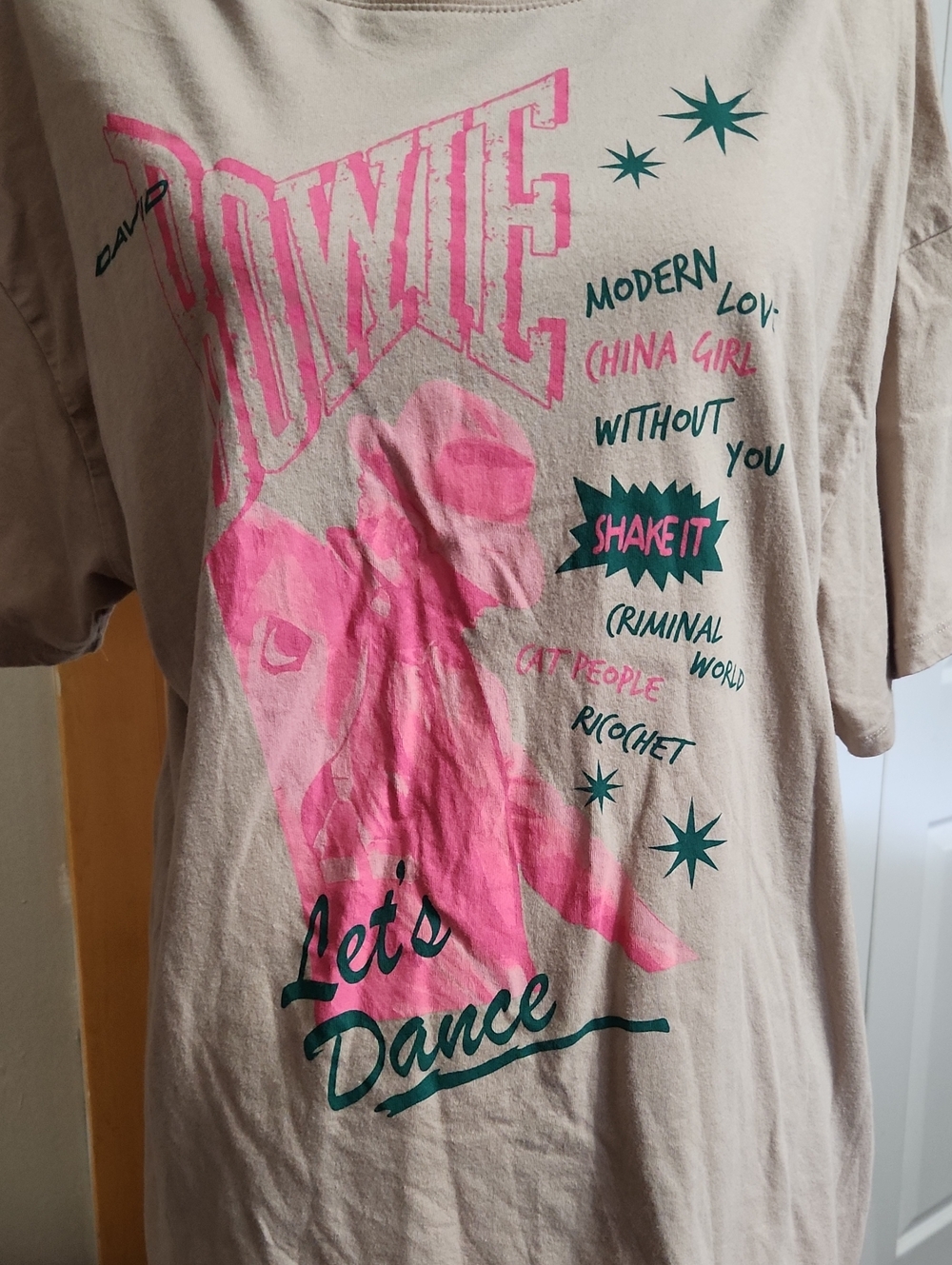 David Bowie 'Let's Dance' Vintage Style- Graphic Tee in Cream with Pink Print